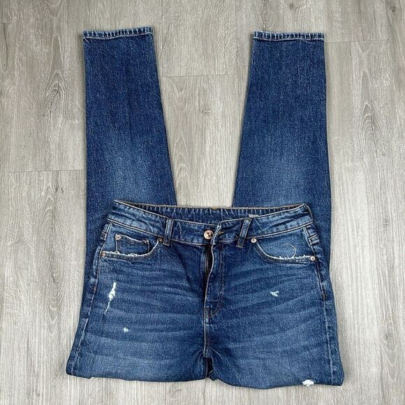 ONLY Jeans Women's Mom Straight Distressed Dark Blue Denim Stretch‎ Casual Pants - Picture 1 of 7